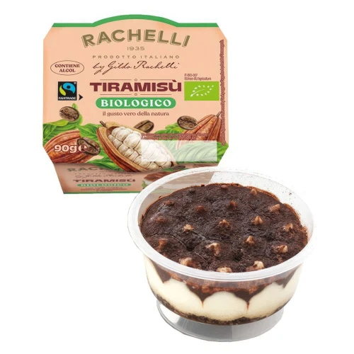 Deser Tiramisu z kremem mascarpone, biszkoptami nasączonymi kawą i posypany kakao, zawiera alkohol.