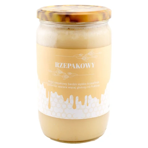 Miód rzepakowy 1300g w dużym słoiku – delikatny, kremowy smak, naturalny i zdrowy, dostępny w sklepie Rarytasy Dolnośląskie.
