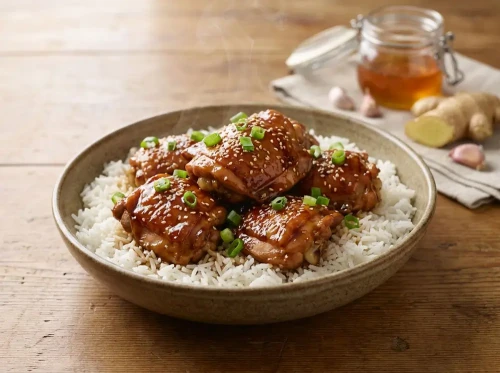 Kurczak teriyaki z ekologicznych udek z ryżem BIO, glazura na miodzie lipowym