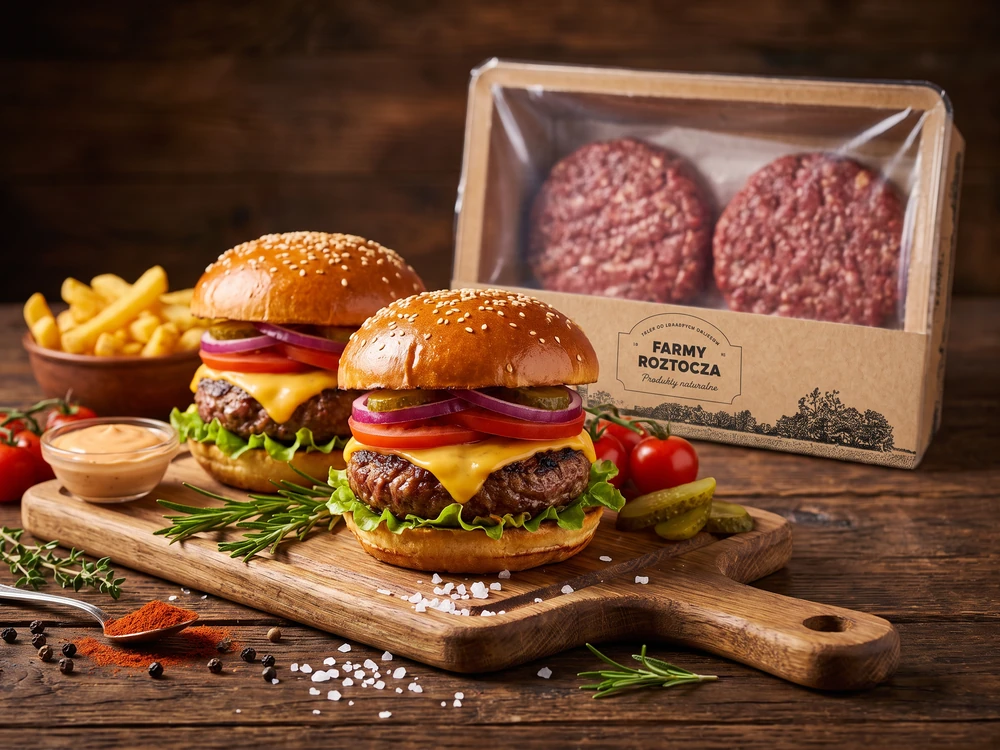 Gotowy burger wołowy BIO na drewnianej desce