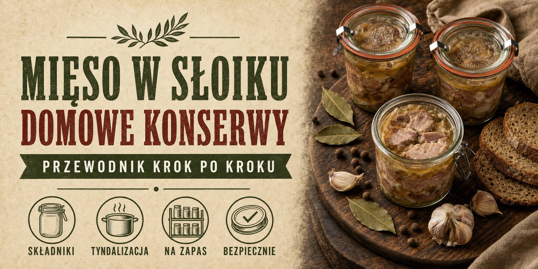 Domowe mięso w słoiku — słoiki Weck z mięsem w galarecie, liść laurowy, ziele angielskie i czosnek; przewodnik krok po kroku