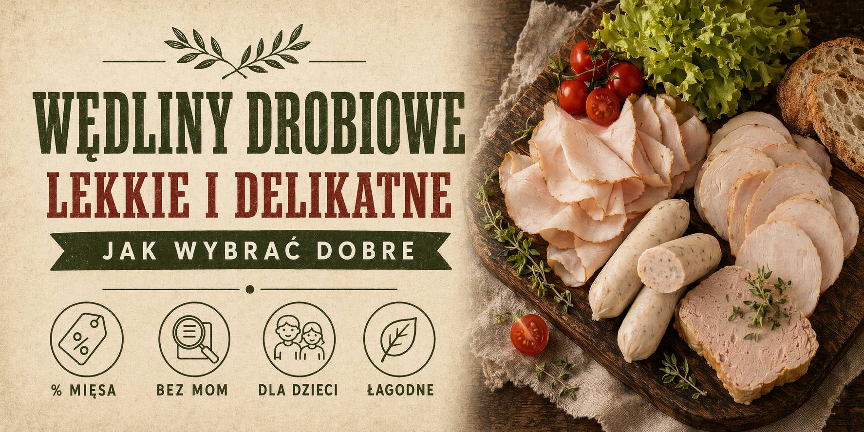 Wędliny drobiowe lekkie — plastry szynki z indyka, białe parówki drobiowe i pasztet z indyka na desce; przewodnik jak wybrać dobre