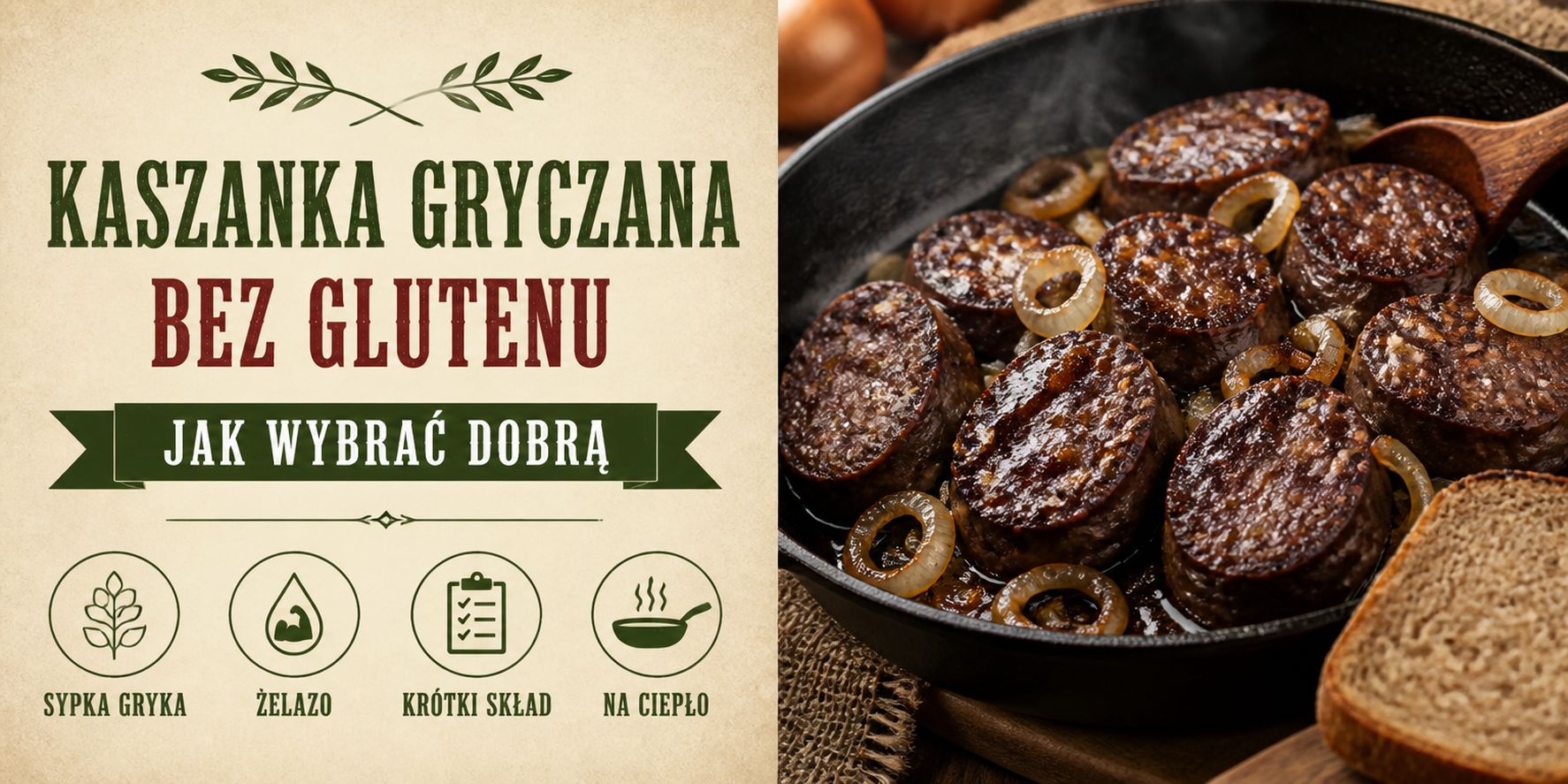 Kaszanka gryczana bez glutenu — plastry smażone na złoto z karmelizowaną cebulą na żeliwnej patelni, obok chleb; jak wybrać dobrą kaszankę