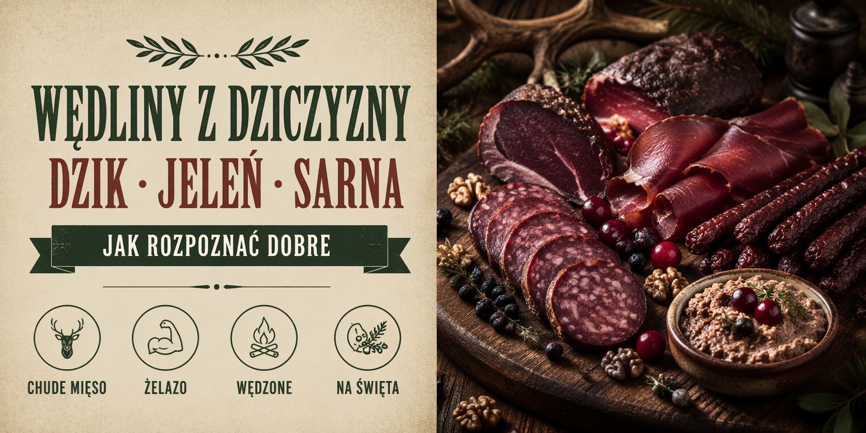 Wędliny z dziczyzny — deska z ciemnymi kiełbasami z dzika i jelenia, dojrzewającą szynką, kabanosami i pasztetem z sarny, z żurawiną i jałowcem