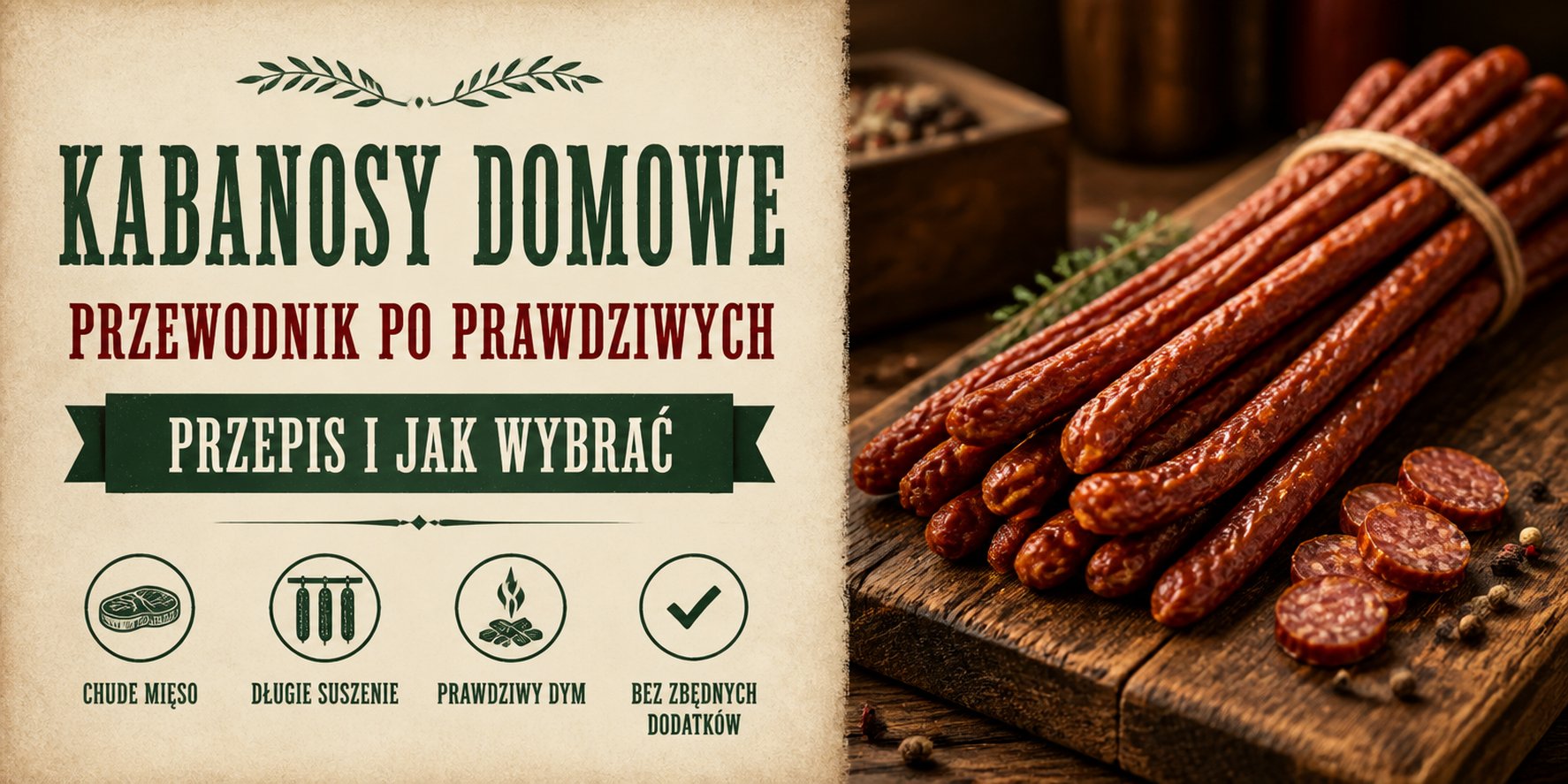 Kabanosy domowe — pęczek cienkich, wędzonych kabanosów związanych sznurkiem i plasterki na drewnianej desce; przewodnik i przepis